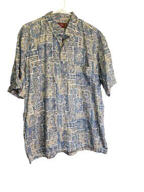 Coral Reef Hawaii XL Blue Beige Hawaiian Shirt 100% Cotton Made In Hawaii EUC